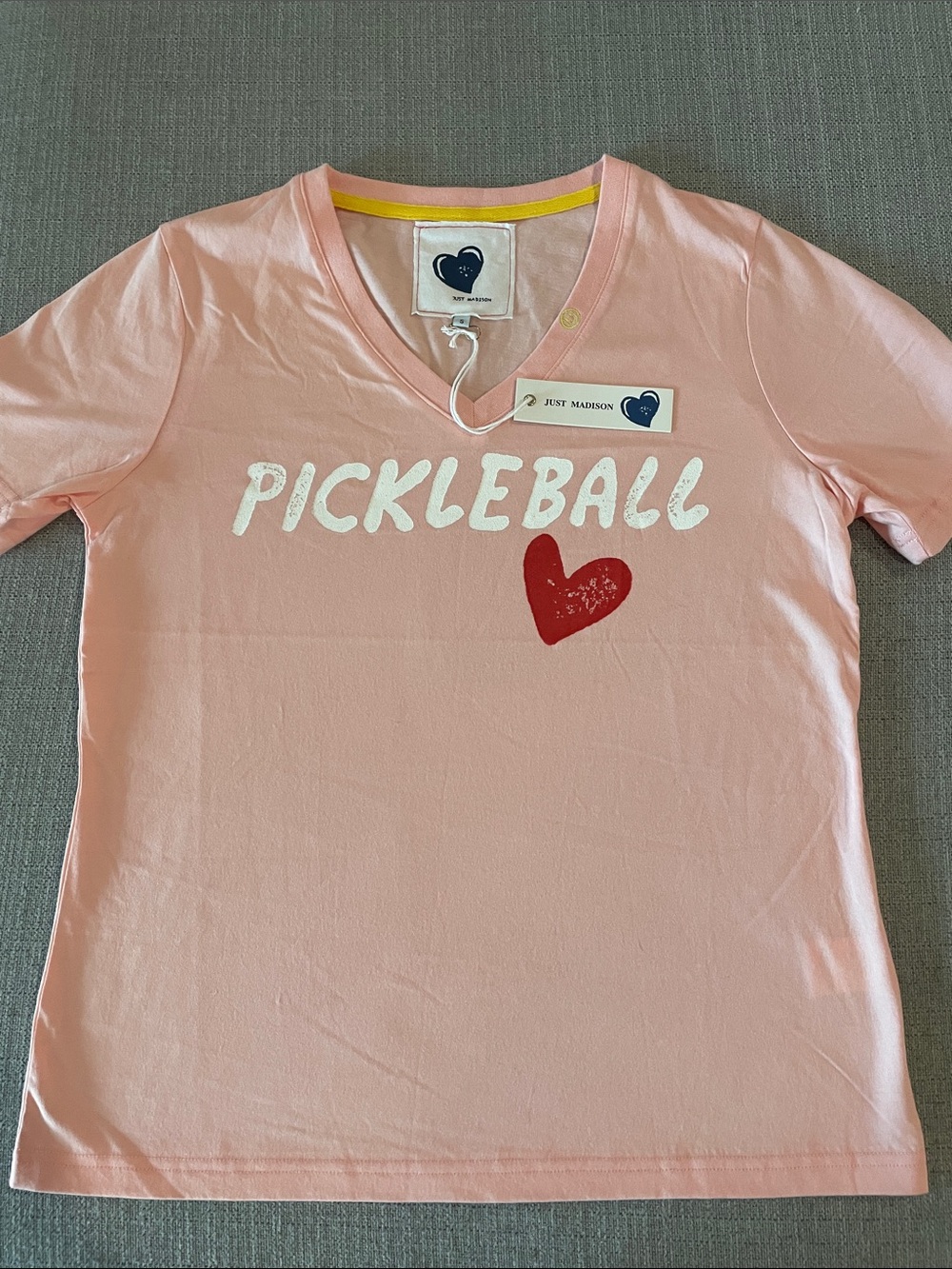 Just Madison Light Pink V-Neck Tee with White PICKLEBALL Script and Red Heart